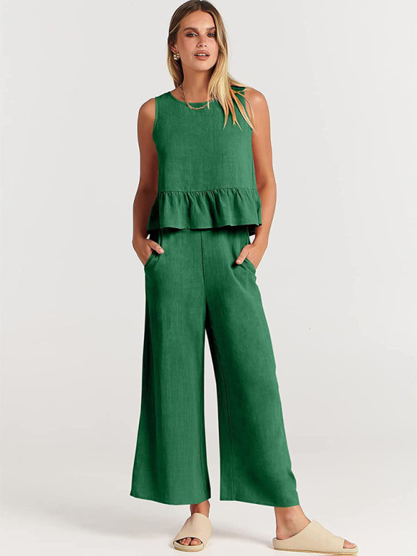 Sleeveless pleated vest wide-leg cropped pants casual suit - Green / S