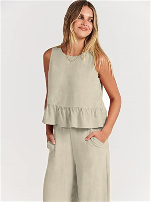 Sleeveless pleated vest wide-leg cropped pants casual suit - Khaki / S