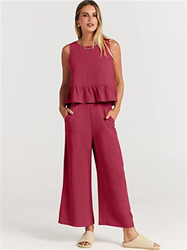 Sleeveless pleated vest wide-leg cropped pants casual suit - Red / S