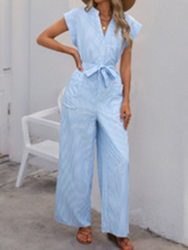 Sleeveless V-neck blue and white vertical striped jumpsuit