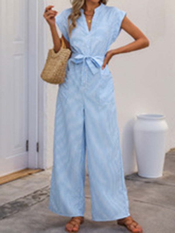 Sleeveless V-neck blue and white vertical striped jumpsuit