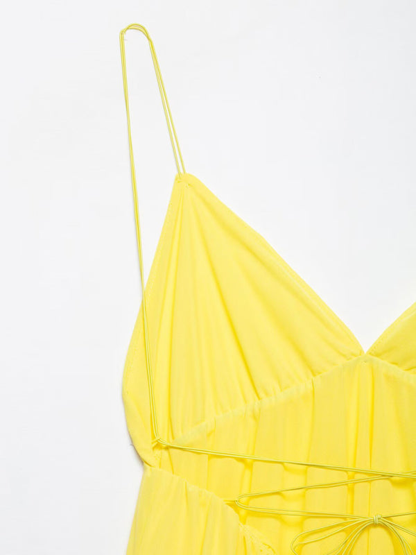 Yellow spaghetti-strap dress with V-neck halter back for holiday occasions