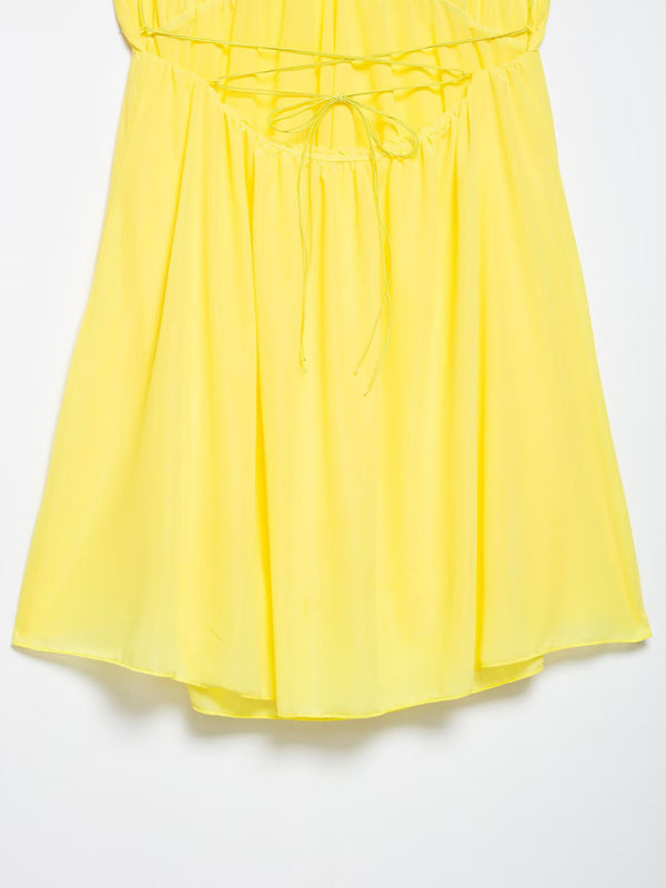 Yellow chiffon dress with sleeveless V-neck halter back design for holiday occasions