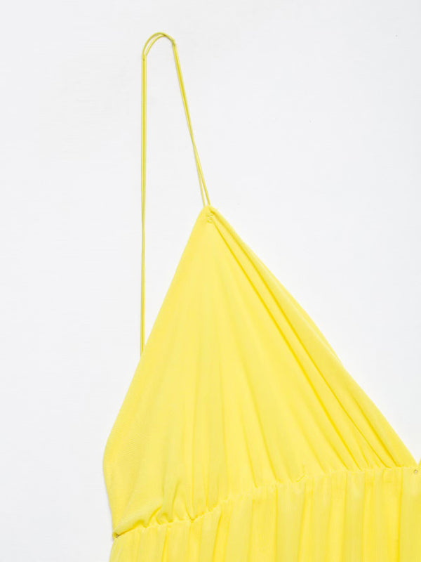 Yellow spaghetti strap top in sleeveless V-neck halter back short holiday dress