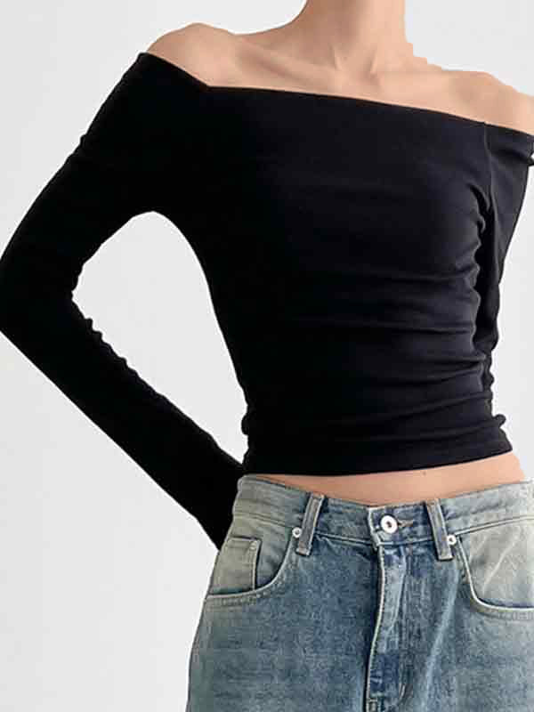 SLIM FIT BLACK OFF-THE-SHOULDER LONG SLEEVE TOP