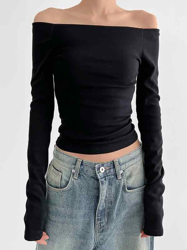 SLIM FIT BLACK OFF-THE-SHOULDER LONG SLEEVE TOP