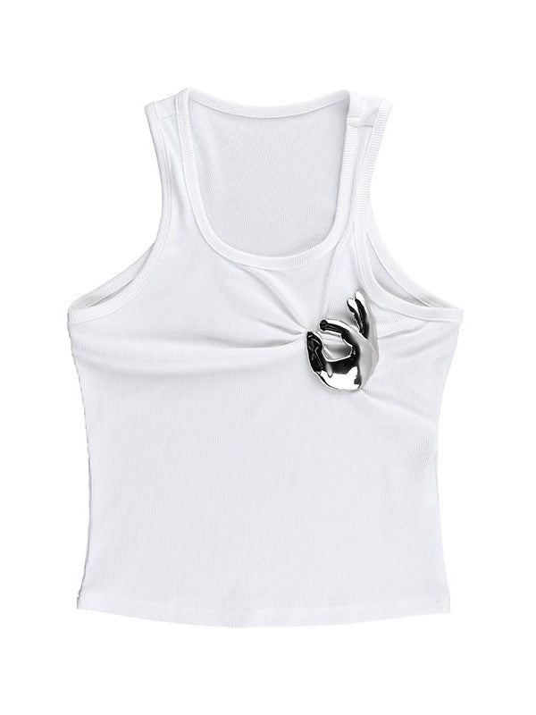 SLIM FIT BLACK SLEEVELESS TANK TOP WITH SILVER HAND CLASP - URBAN FLAIR