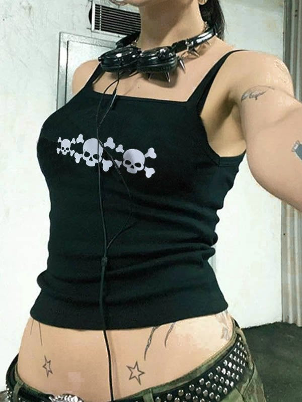 SLIM FIT BLACK TANK TOP WITH SKULL PATTERN Y2K DESIGN