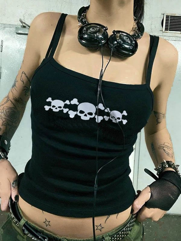 SLIM FIT BLACK TANK TOP WITH SKULL PATTERN Y2K DESIGN