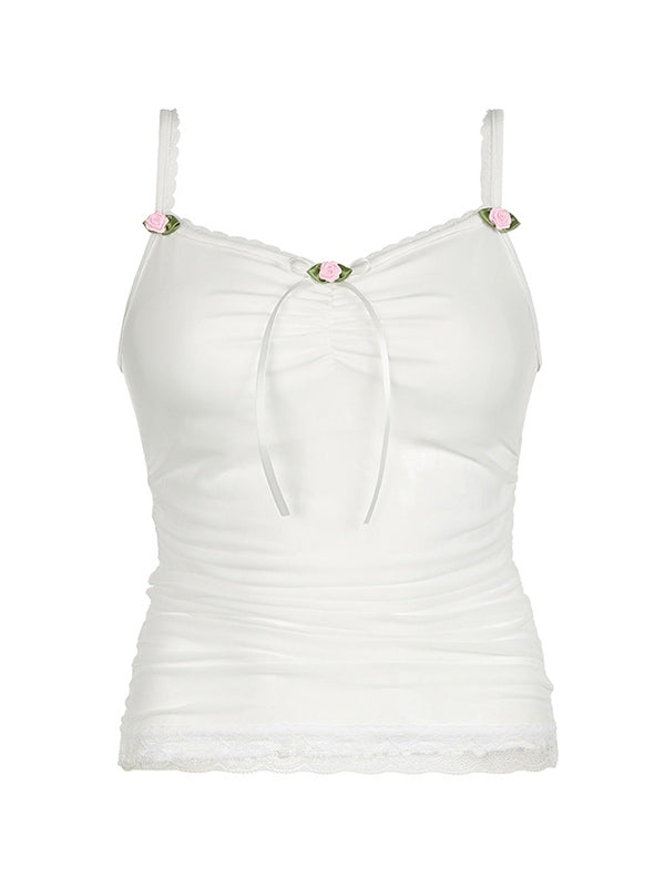 SLIM FIT CAMISOLE WITH LACE TRIM AND ROSE ACCENTS, FIT SWEETHEART
