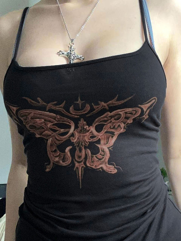 SLIM FIT CASUAL BLACK TANK TOP WITH BUTTERFLY DESIGN AND NECKLACE