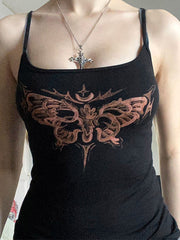 SLIM FIT CASUAL BLACK TANK TOP WITH BUTTERFLY DESIGN AND NECKLACE
