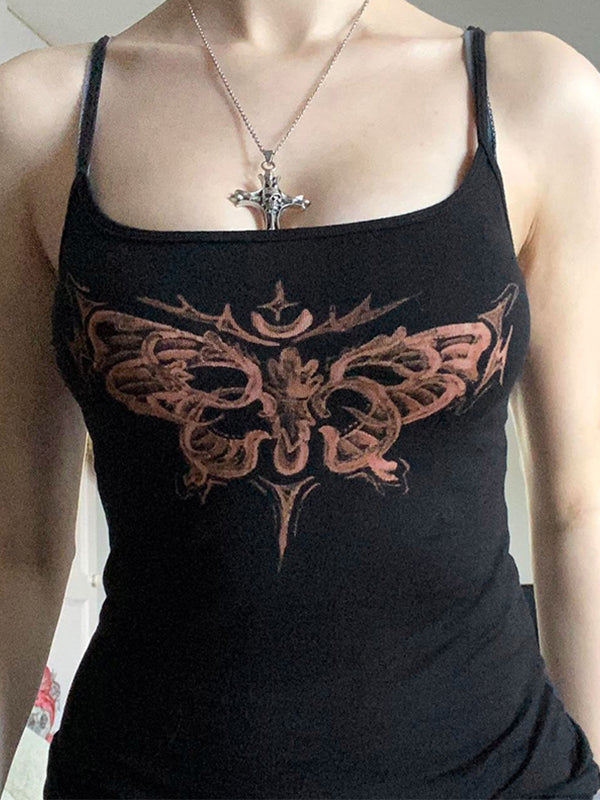 SLIM FIT CASUAL BLACK TANK TOP WITH BUTTERFLY DESIGN AND NECKLACE