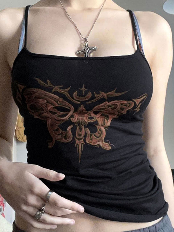 SLIM FIT CASUAL BLACK TANK TOP WITH BUTTERFLY DESIGN AND NECKLACE
