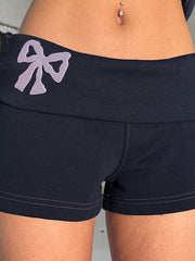 SLIM FIT DARK BLUE SHORTS WITH BOW PATTERN AND CONTRAST STITCHING