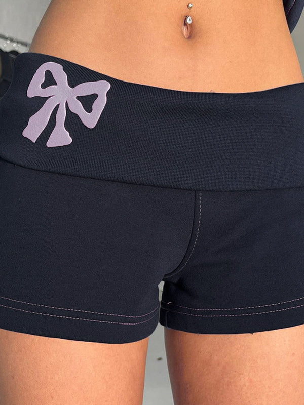 SLIM FIT DARK BLUE SHORTS WITH BOW PATTERN AND CONTRAST STITCHING