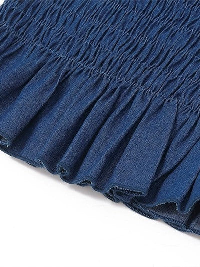SLIM FIT DENIM STRAPLESS TOP WITH FLOWER DETAIL