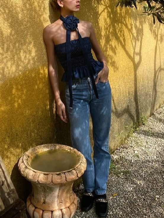SLIM FIT DENIM STRAPLESS TOP WITH FLOWER DETAIL