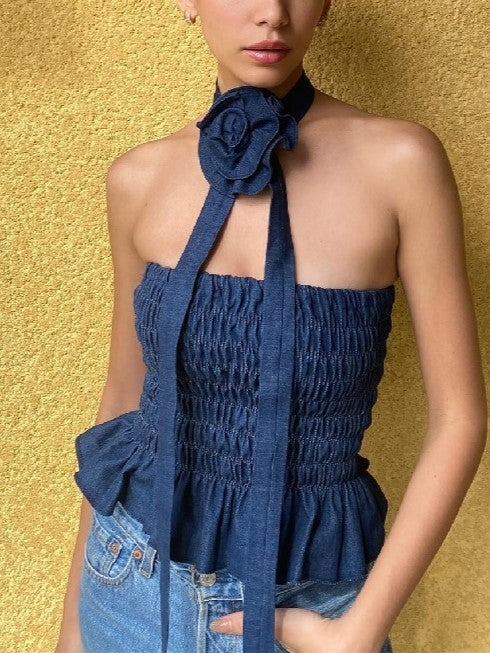SLIM FIT DENIM STRAPLESS TOP WITH FLOWER DETAIL