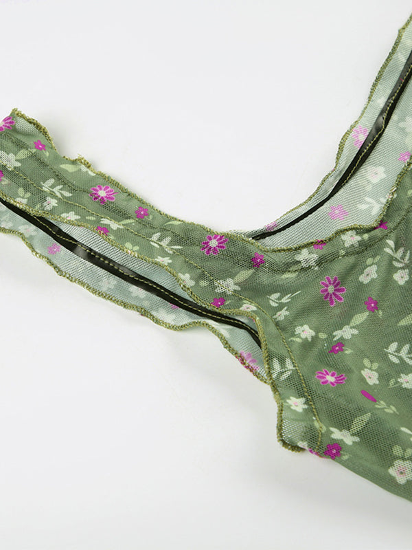 SLIM FIT GREEN FLORAL MESH TANK TOP WITH SQUARE NECKLINE