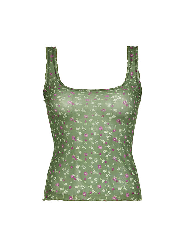 SLIM FIT GREEN FLORAL MESH TANK TOP WITH SQUARE NECKLINE