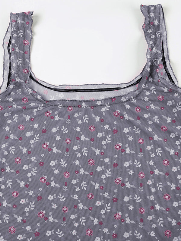 SLIM FIT GREEN FLORAL MESH TANK TOP WITH SQUARE NECKLINE