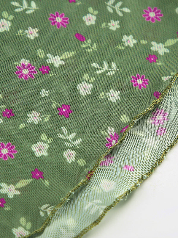 SLIM FIT GREEN FLORAL MESH TANK TOP WITH SQUARE NECKLINE