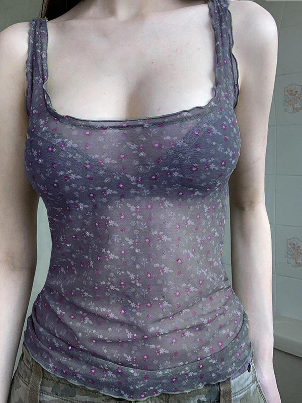 SLIM FIT GREEN FLORAL MESH TANK TOP WITH SQUARE NECKLINE