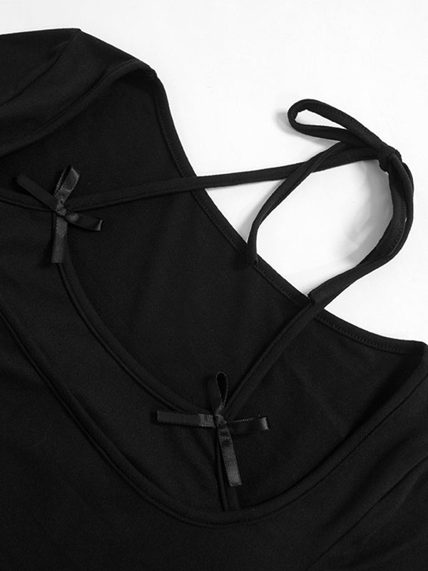 SLIM FIT LONG SLEEVE TOP WITH BOW-ACCENTED STRAPS