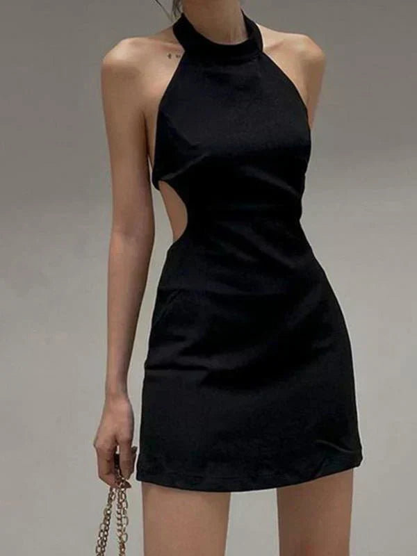 SLIM FIT MINI HALTER DRESS IN BLACK