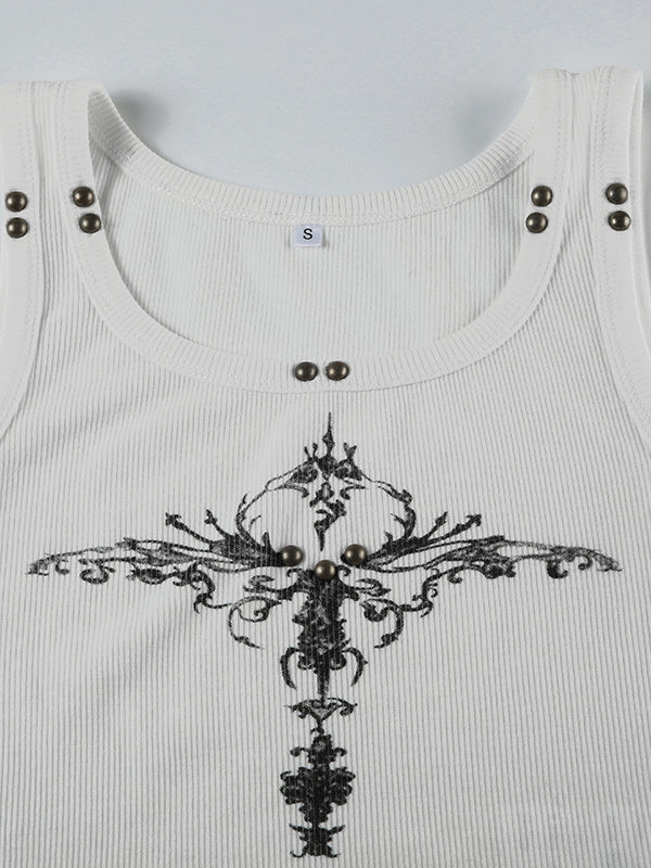 SLIM FIT SLEEVELESS WHITE TANK TOP WITH CROSS DESIGN