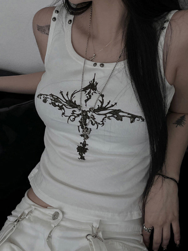 SLIM FIT SLEEVELESS WHITE TANK TOP WITH CROSS DESIGN