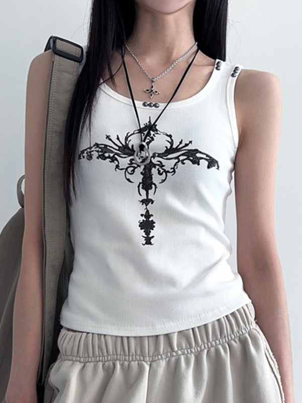 SLIM FIT SLEEVELESS WHITE TANK TOP WITH CROSS DESIGN