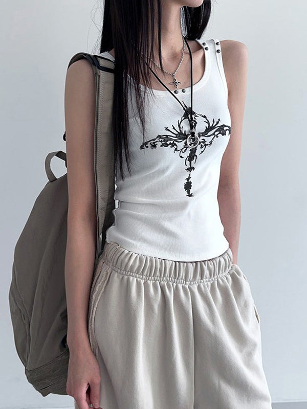 SLIM FIT SLEEVELESS WHITE TANK TOP WITH CROSS DESIGN