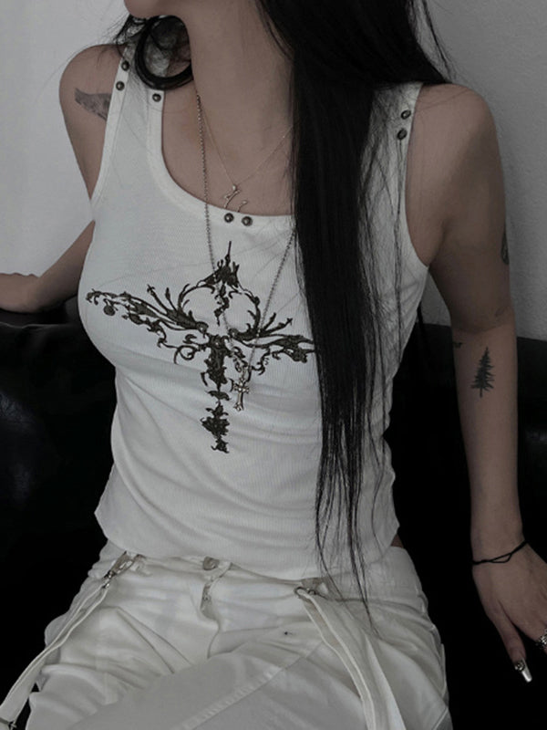 SLIM FIT SLEEVELESS WHITE TANK TOP WITH CROSS DESIGN