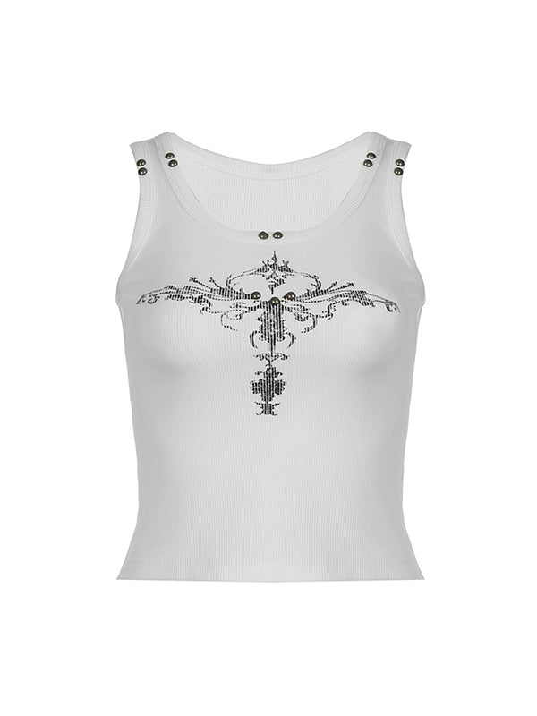 SLIM FIT SLEEVELESS WHITE TANK TOP WITH CROSS DESIGN