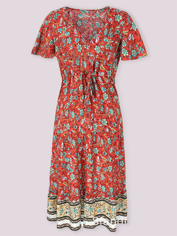 Slim-fit small floral print single-breasted mid-length V-neck short-sleeved dress - Red / S