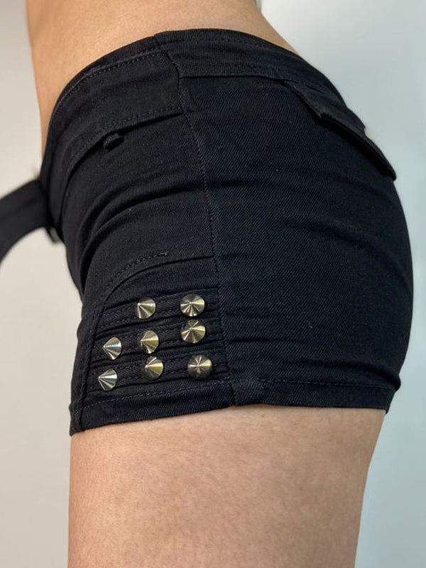 SLIM FIT STUDDED BLACK SHORTS WITH BELT - SLIM FIT SHORTS