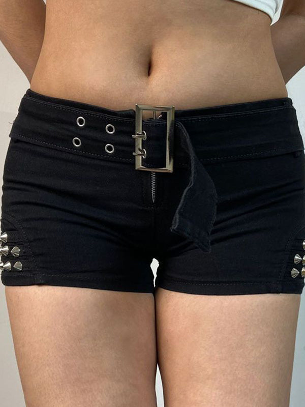 SLIM FIT STUDDED BLACK SHORTS WITH BELT - SLIM FIT SHORTS