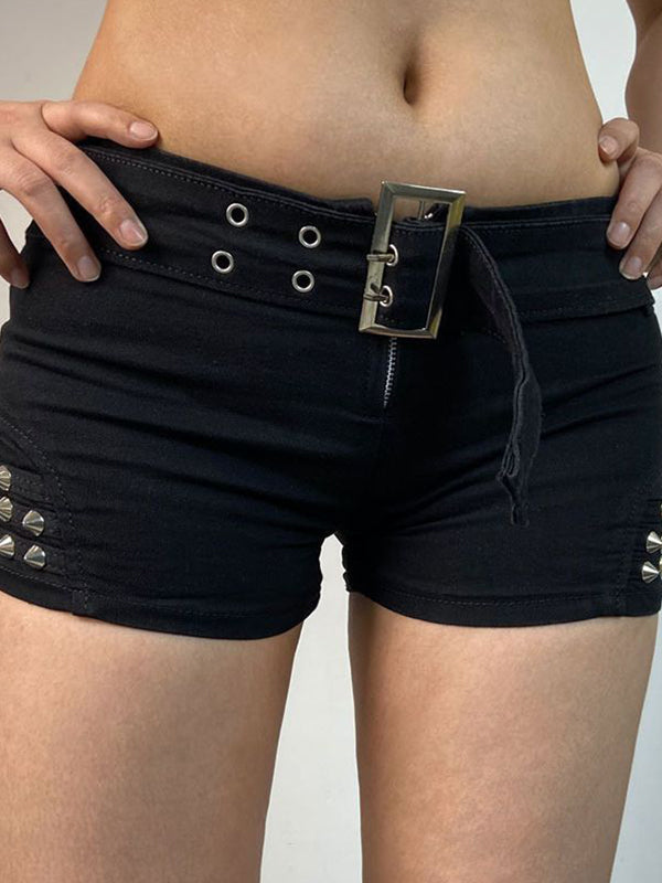 SLIM FIT STUDDED BLACK SHORTS WITH BELT - SLIM FIT SHORTS