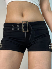 SLIM FIT STUDDED BLACK SHORTS WITH BELT - SLIM FIT SHORTS