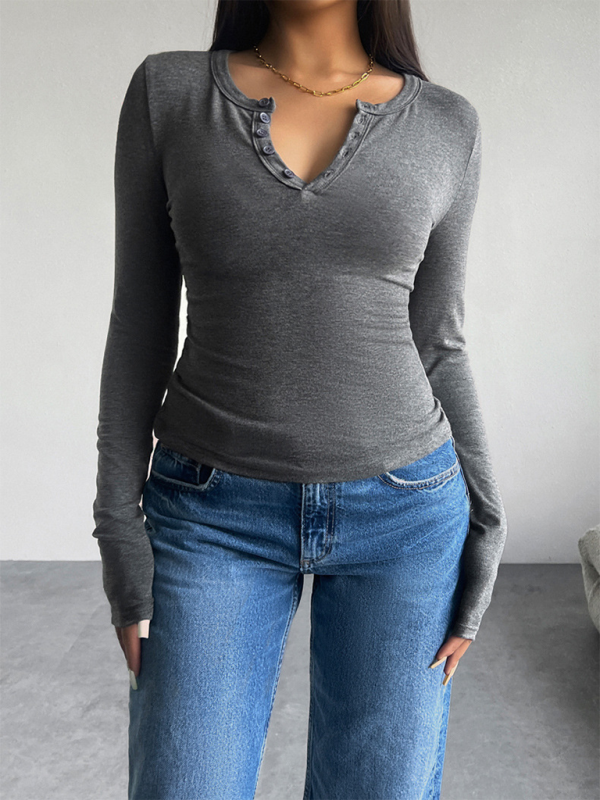 Gray long-sleeved top with jeans, Slim Fit V-Neck Button Long Sleeve T-Shirt