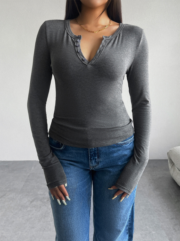 Gray long-sleeved Henley shirt from Slim Fit V-Neck Button Long Sleeve T-Shirt collection