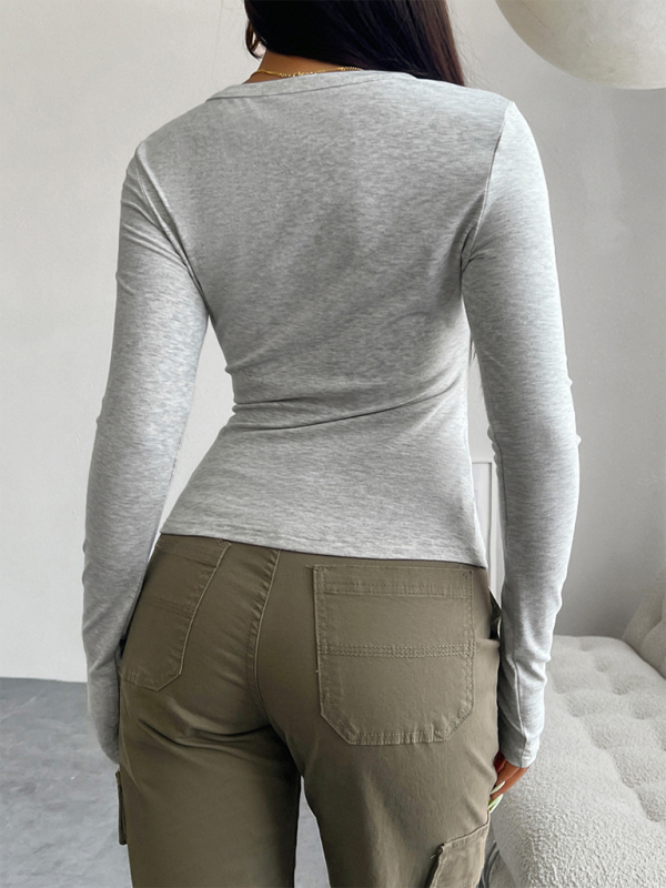 Gray long-sleeved shirt with olive green slim fit V-neck button T-shirt for men