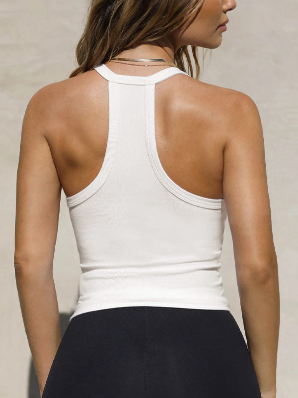 SLIM FIT V-NECK TANK TOP - WHITE RIBBED FIT COTTON