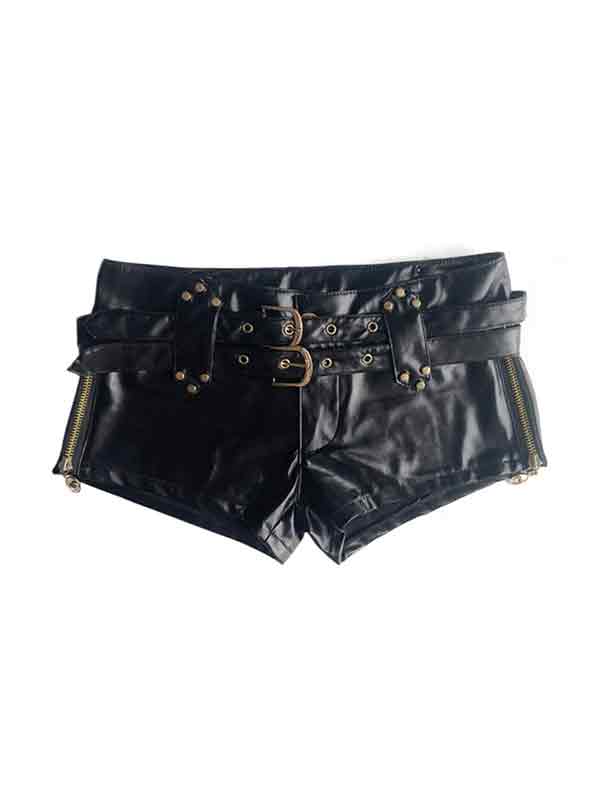 SLIM FIT VINTAGE BLACK LEATHER SHORTS WITH GOLD BUCKLES CASUAL PUNK STREET