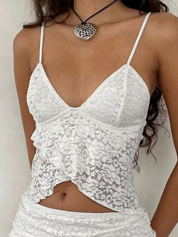 SLIM FIT WHITE LACE CAMISOLE TOP WITH SLIT HEM FOR ALL-DAY COMFORT