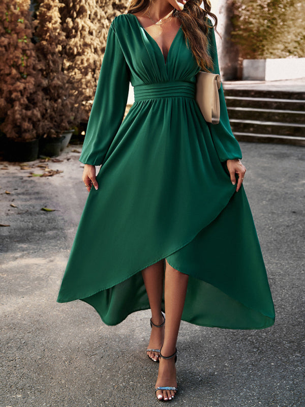 Slim waist V-neck sexy dress with big swing - Closther