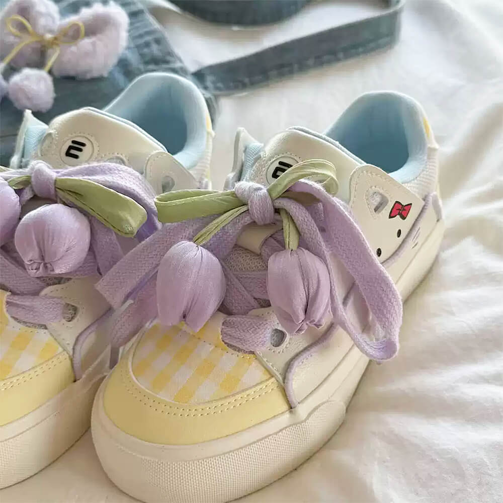 SNEAKERS: TULIP DREAM AESTHETIC SNEAKERS, PASTEL RIBBON TIES