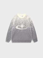 GRAY AND WHITE FUZZY SWEATER WITH STAR LOGO SOFT MOHAIR SWEATER